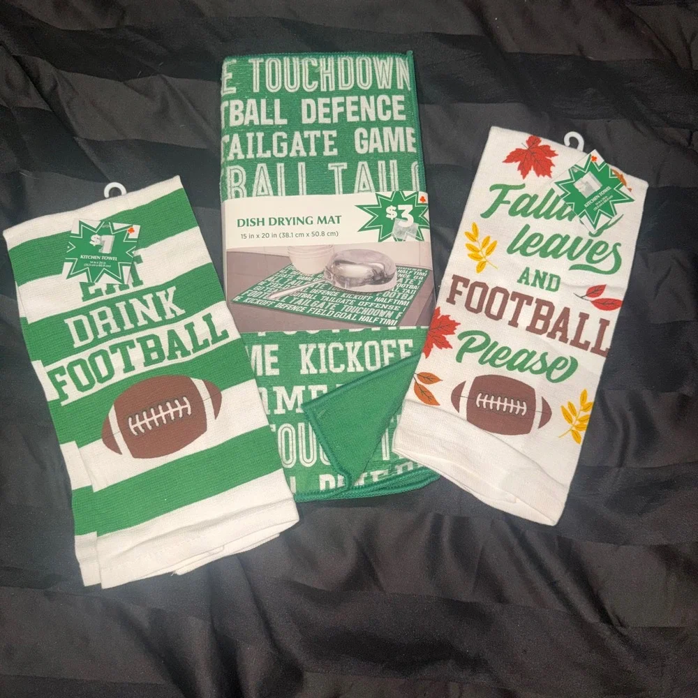 Football Kitchen Set 3pc Green White Towels & Drying Mat Sports Fall Tailgate